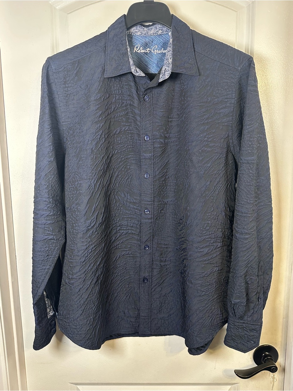 Robert Graham Geoglyph Blue Crinkled Textured Button Down Shirt XL